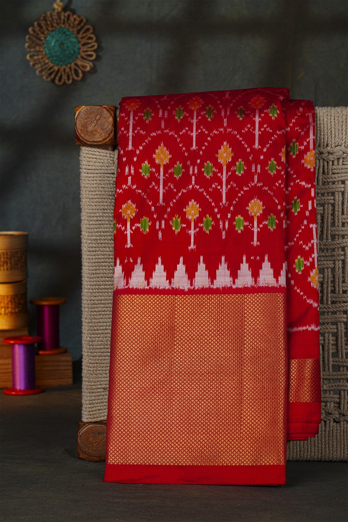 Ikat Silk Red Saree With Florals And Leaves Body