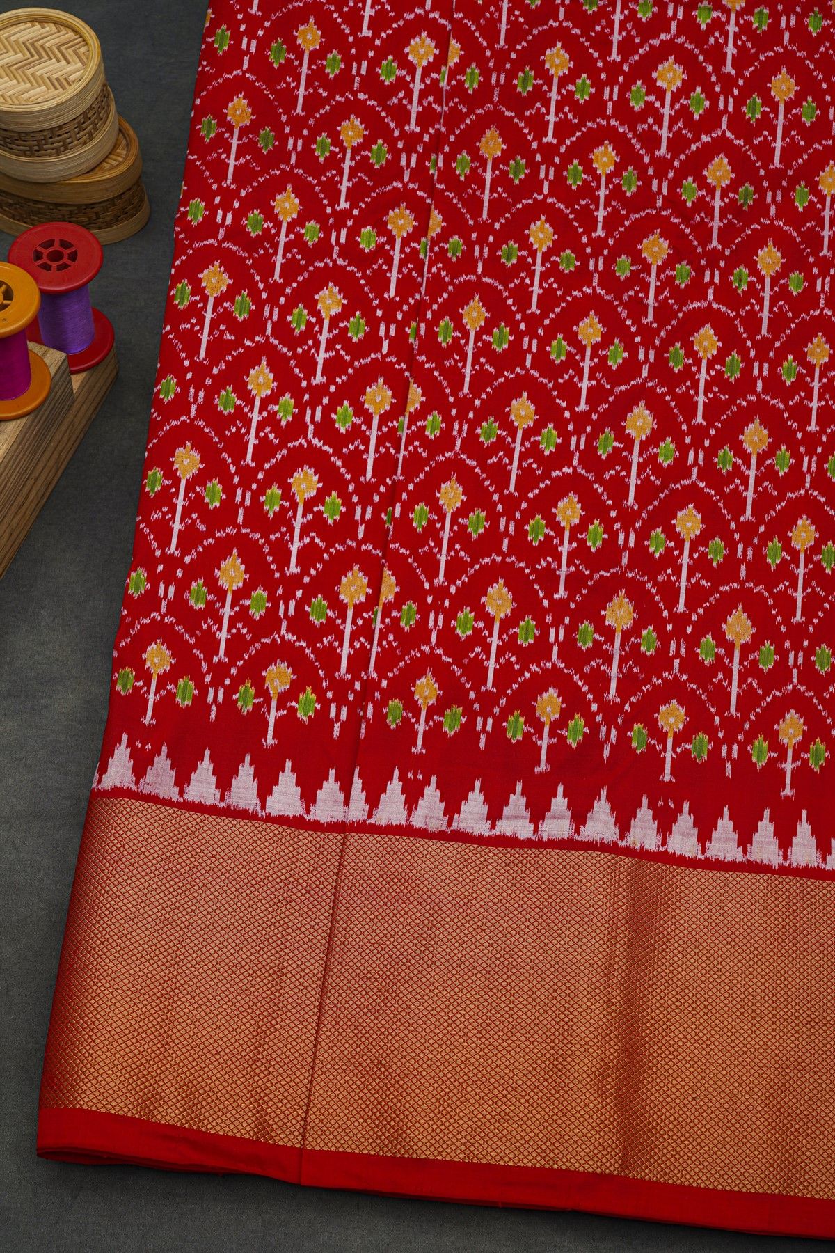 Ikat Silk Red Saree With Florals And Leaves Body