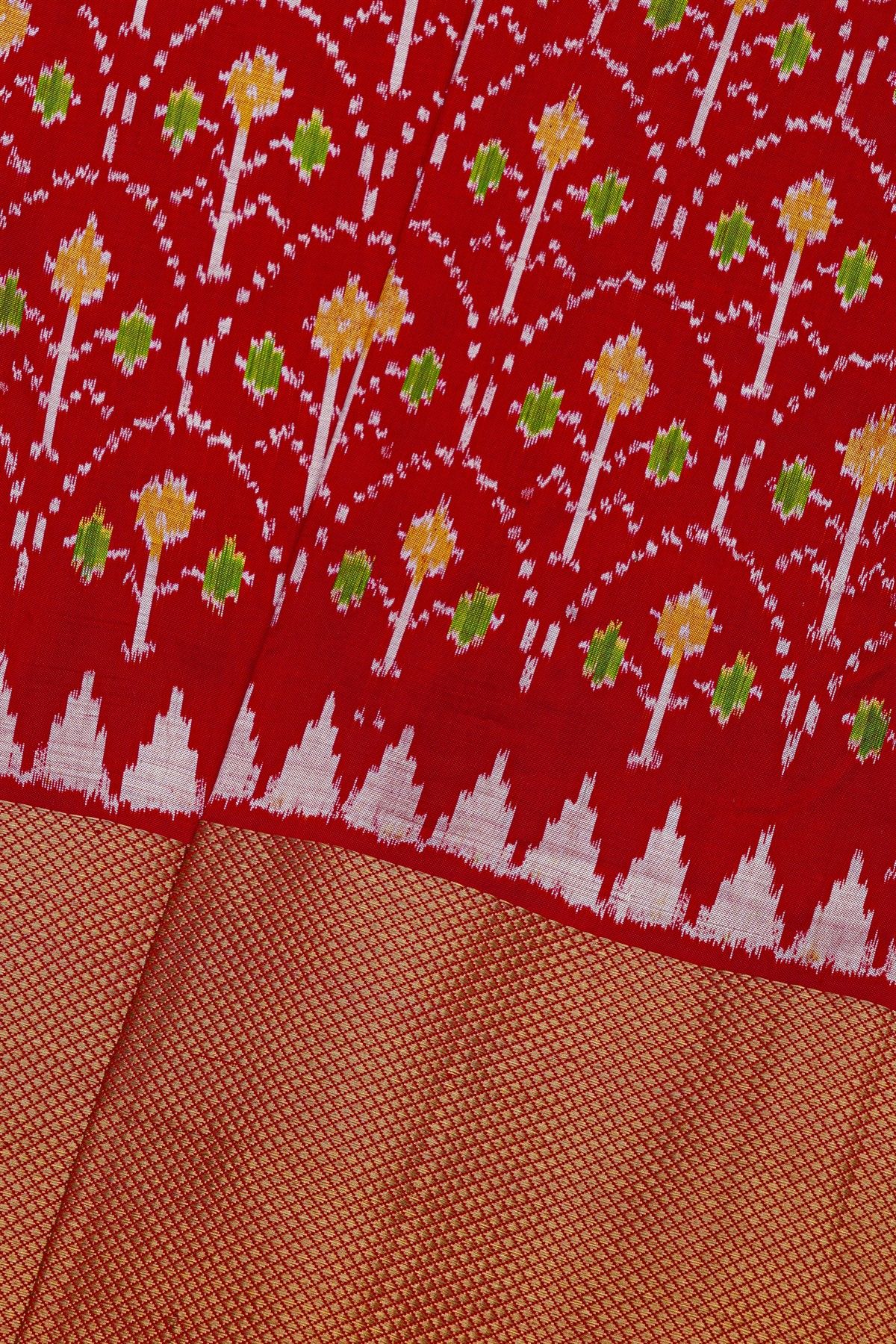 Ikat Silk Red Saree With Florals And Leaves Body