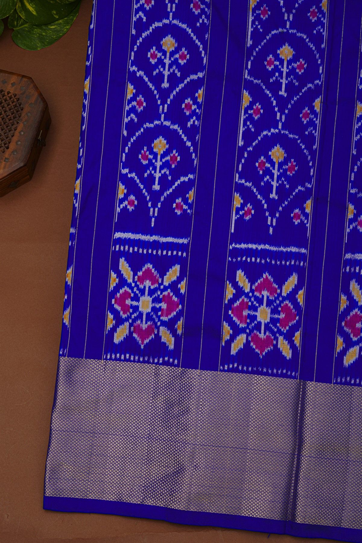 Ikat Silk Royal Blue Saree With Floral And Diamond Border