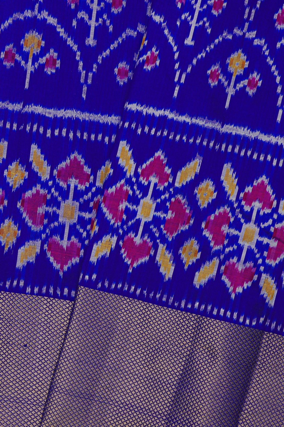 Ikat Silk Royal Blue Saree With Floral And Diamond Border