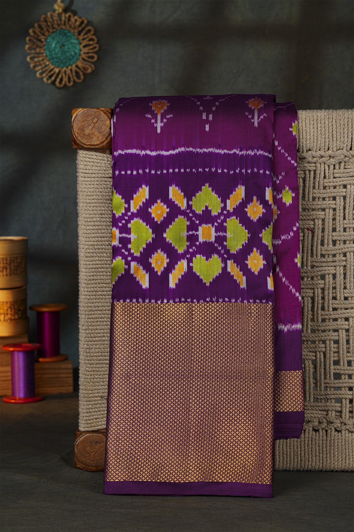 Ikat Silk Purple Saree With Florals And Buttis Body