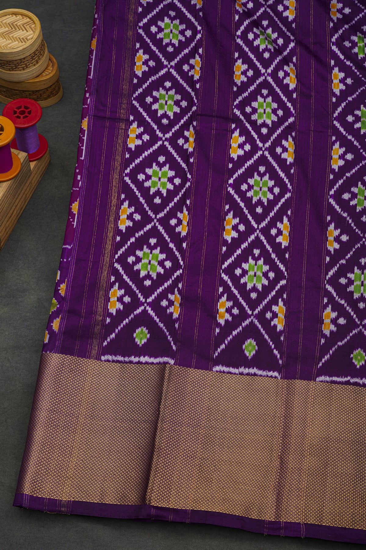 Ikat Silk Purple Saree With Florals And Buttis Body
