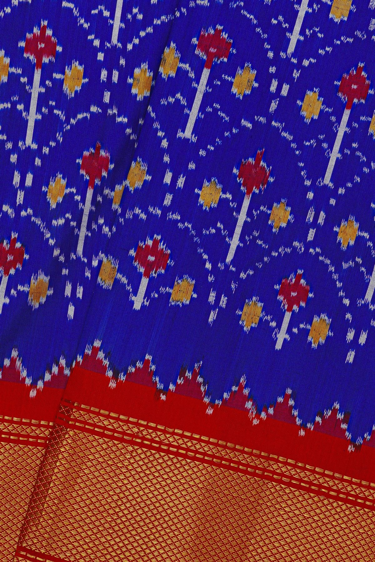 Ikat Silk Royal Blue Saree With Florals And Leaves Body