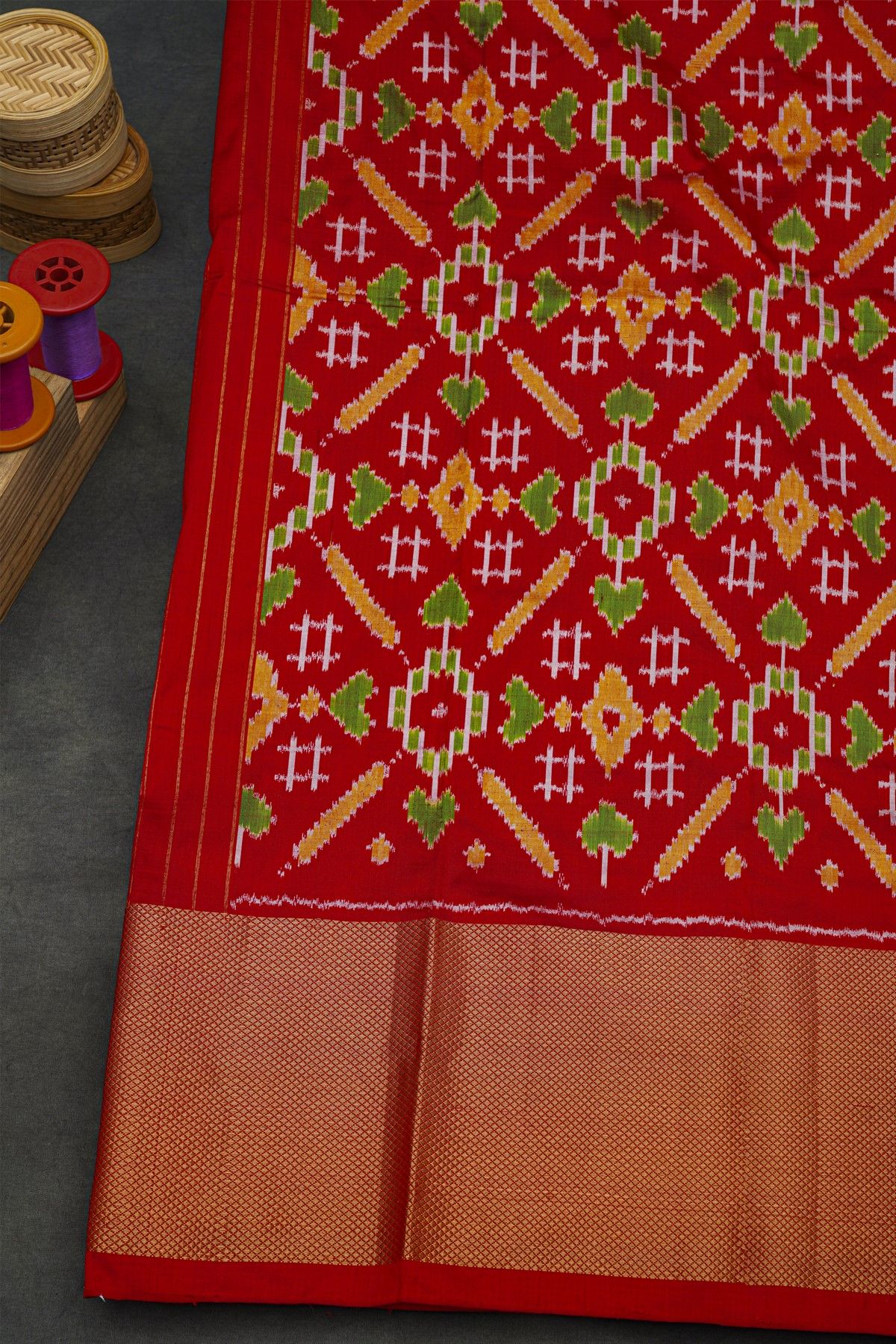 Ikat Silk Red Saree With Florals And Leaves Body
