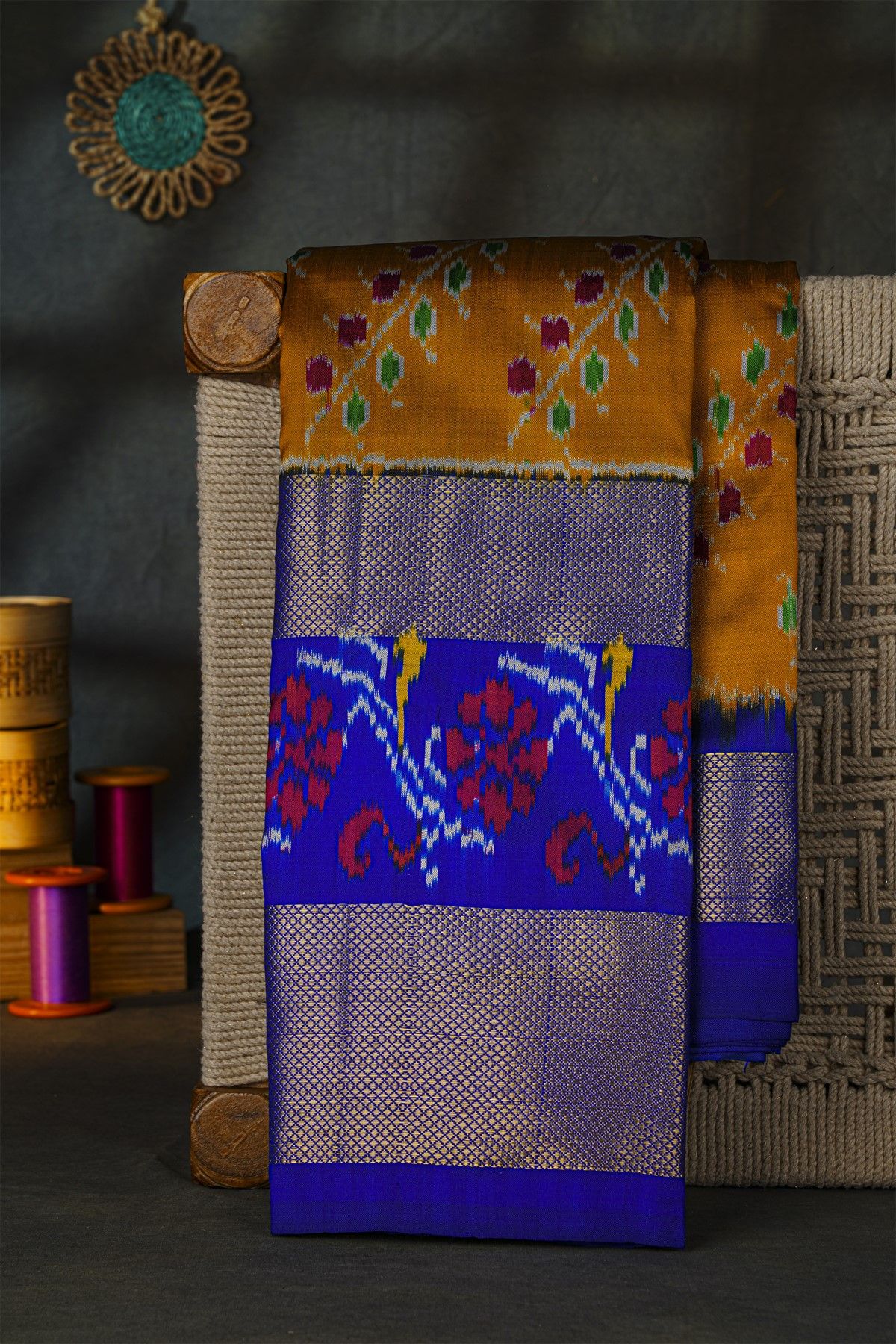 Ikat Silk Mustard Saree With Florals And Leaves Jaal Body
