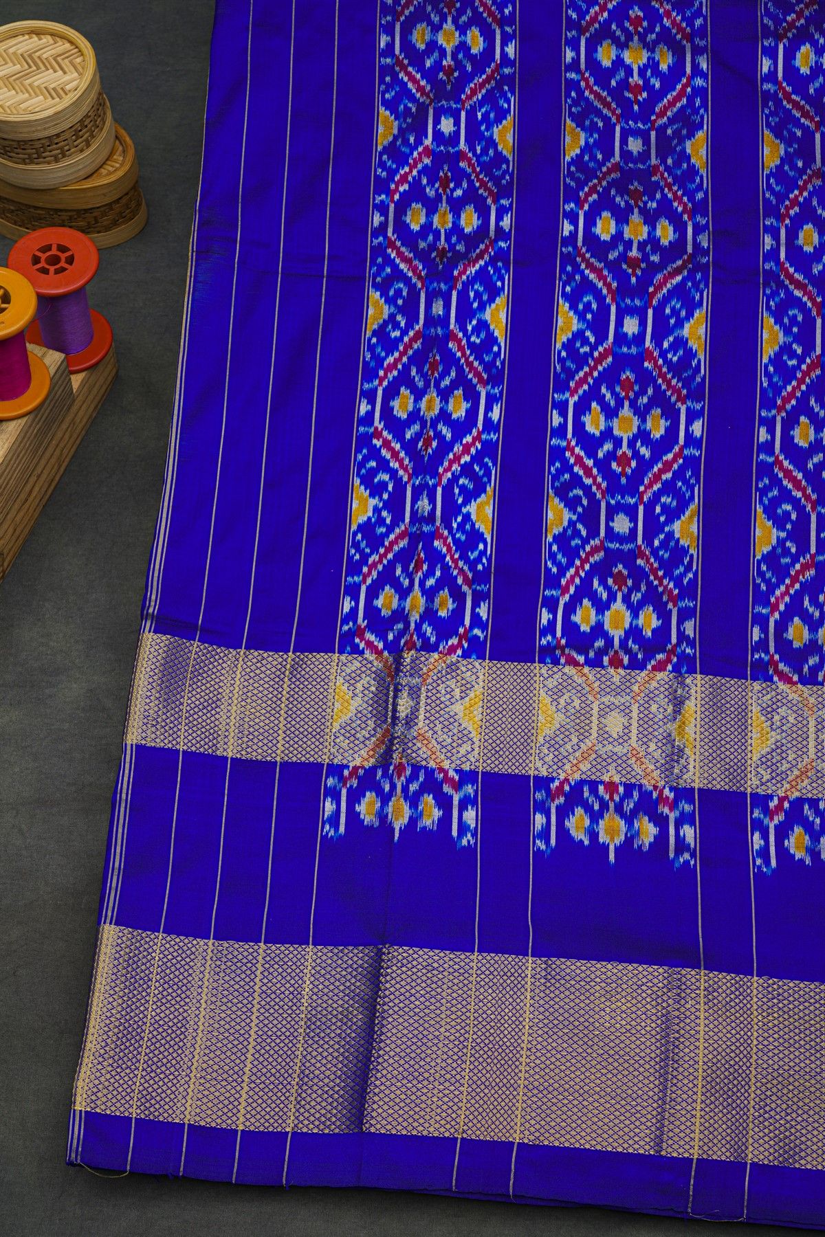 Ikat Silk Mustard Saree With Florals And Leaves Jaal Body