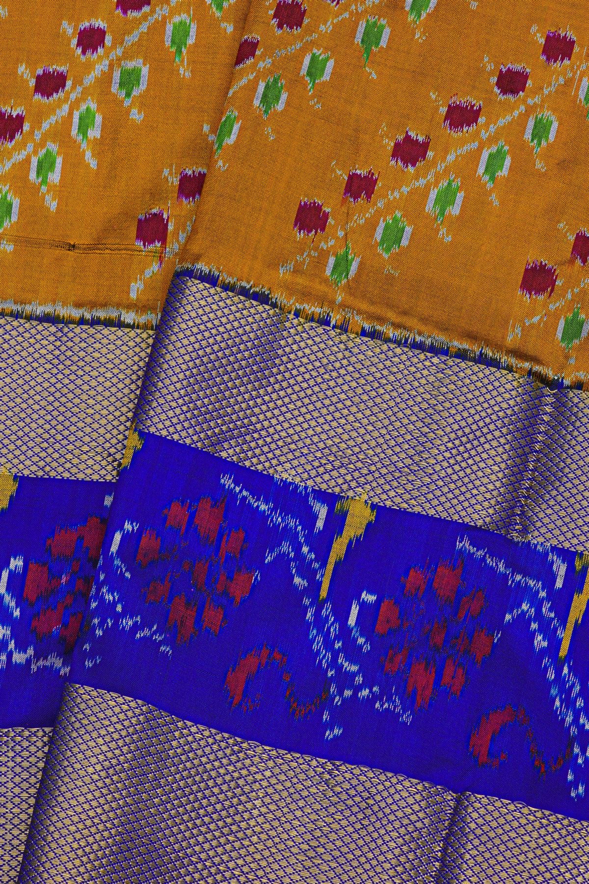 Ikat Silk Mustard Saree With Florals And Leaves Jaal Body