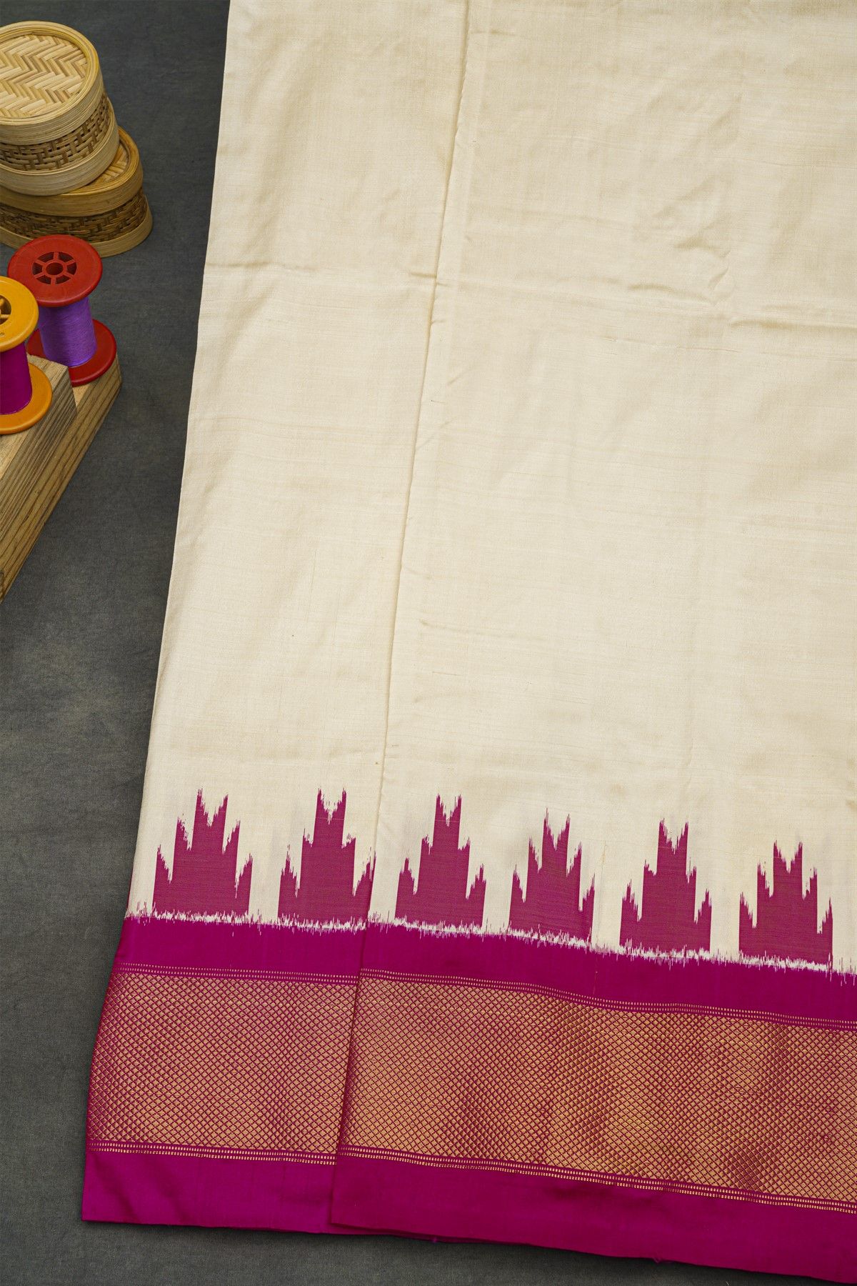Ikat Silk Off White Saree With Diamonds In Zari Border