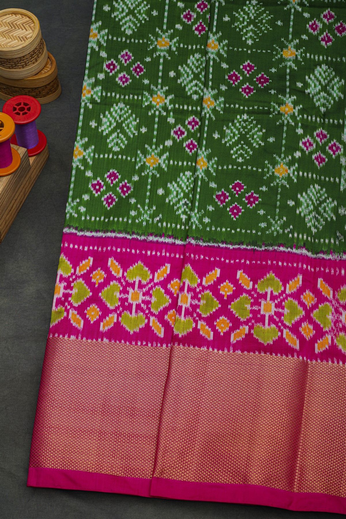 Ikat Silk Leaf Green Saree With Florals And Buttis In Checks Body