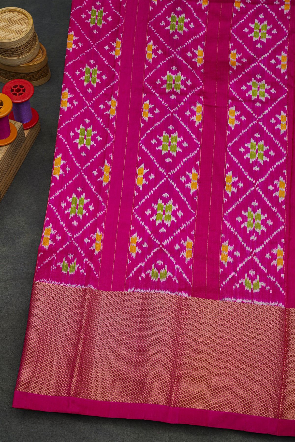 Ikat Silk Leaf Green Saree With Florals And Buttis In Checks Body