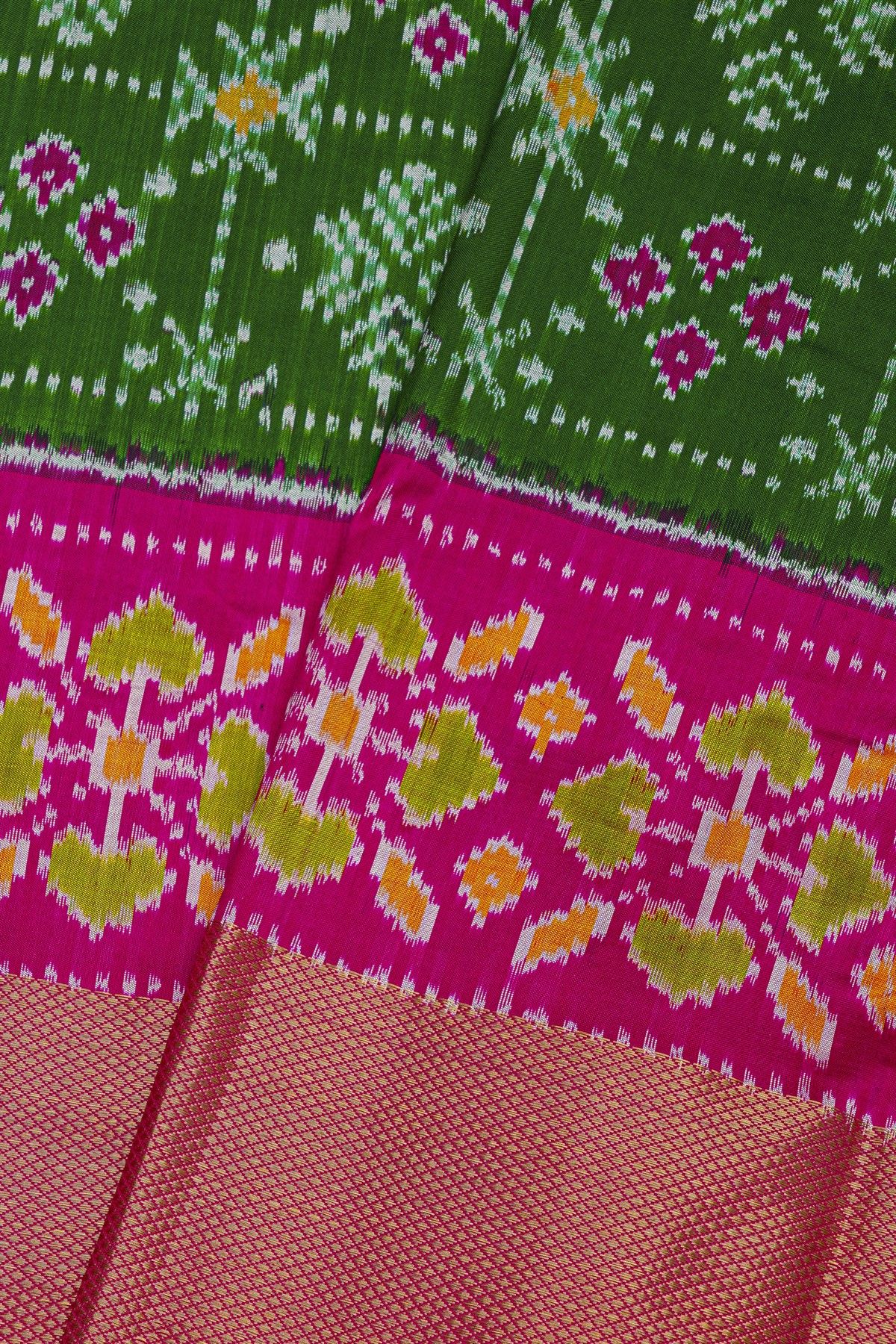 Ikat Silk Leaf Green Saree With Florals And Buttis In Checks Body