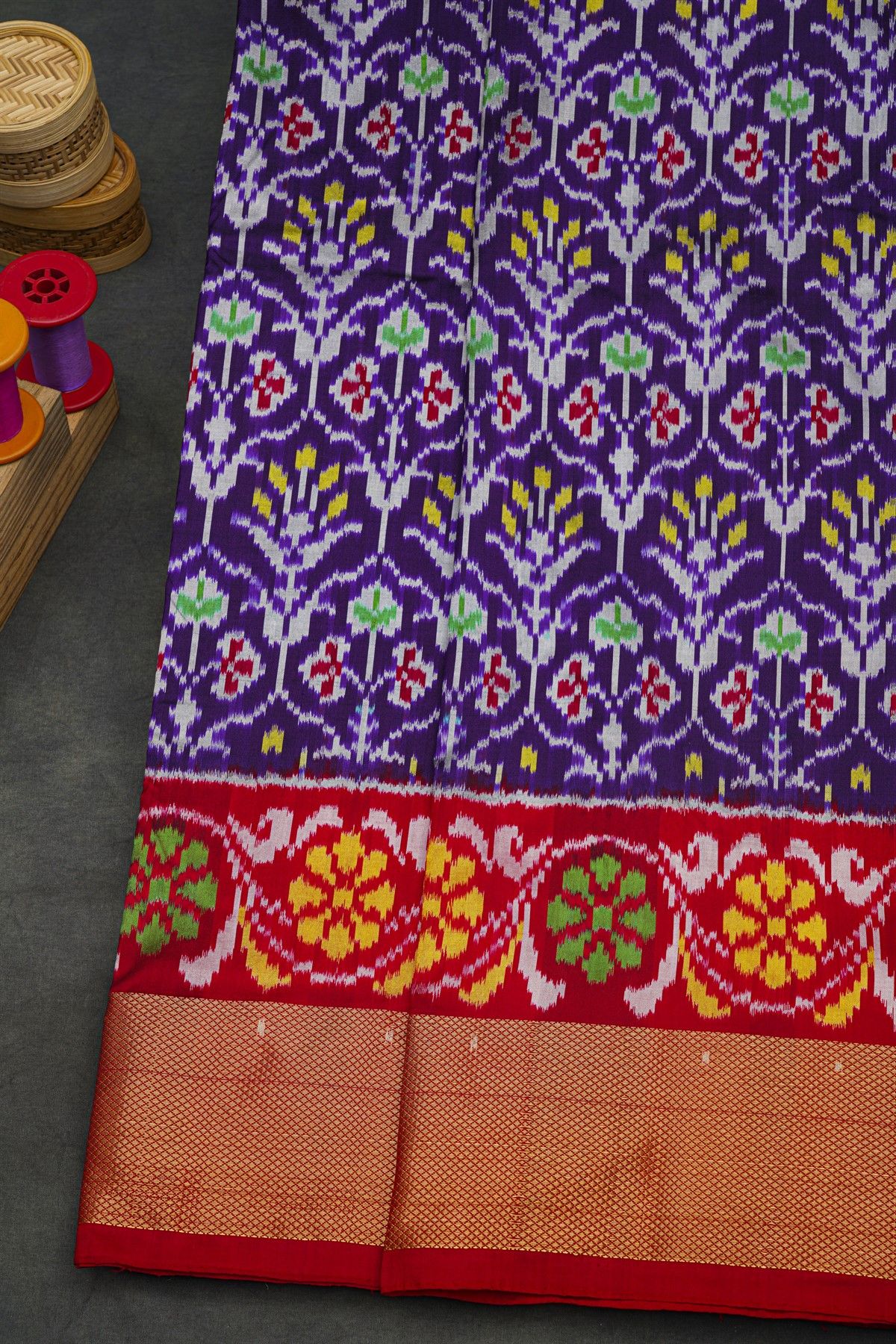 Ikat Silk Royal Blue Saree With Florals And Leaves Jaal Body