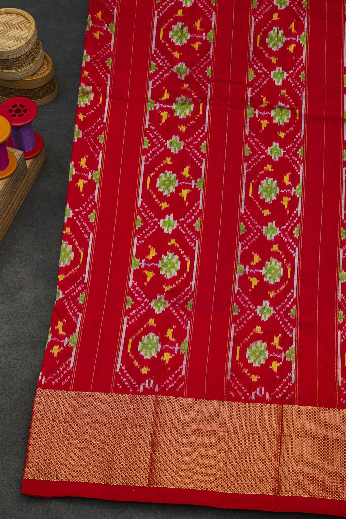 Ikat Silk Royal Blue Saree With Florals And Leaves Jaal Body