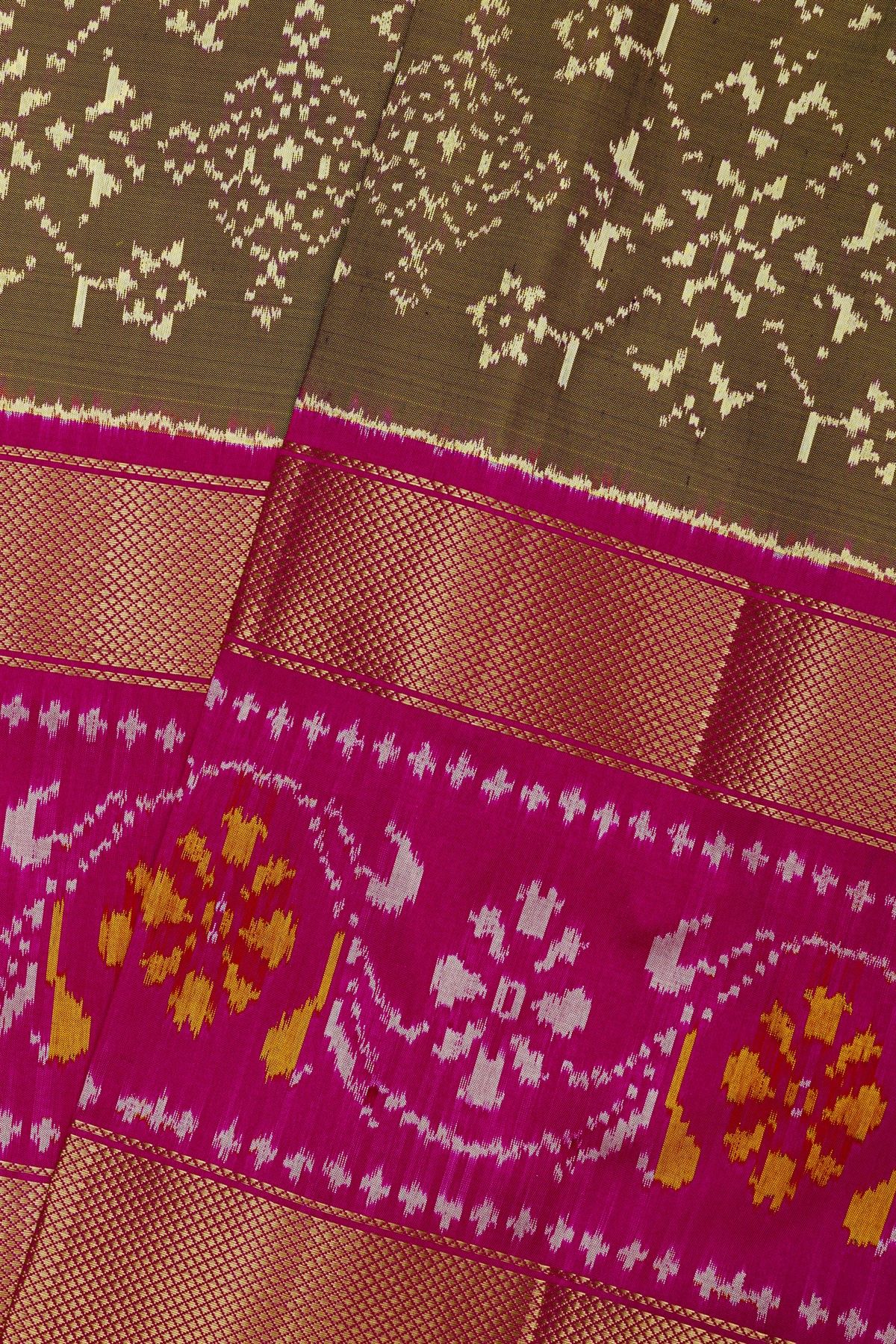 Ikat Silk Dual Colour Saree With Florals And Leaves Body