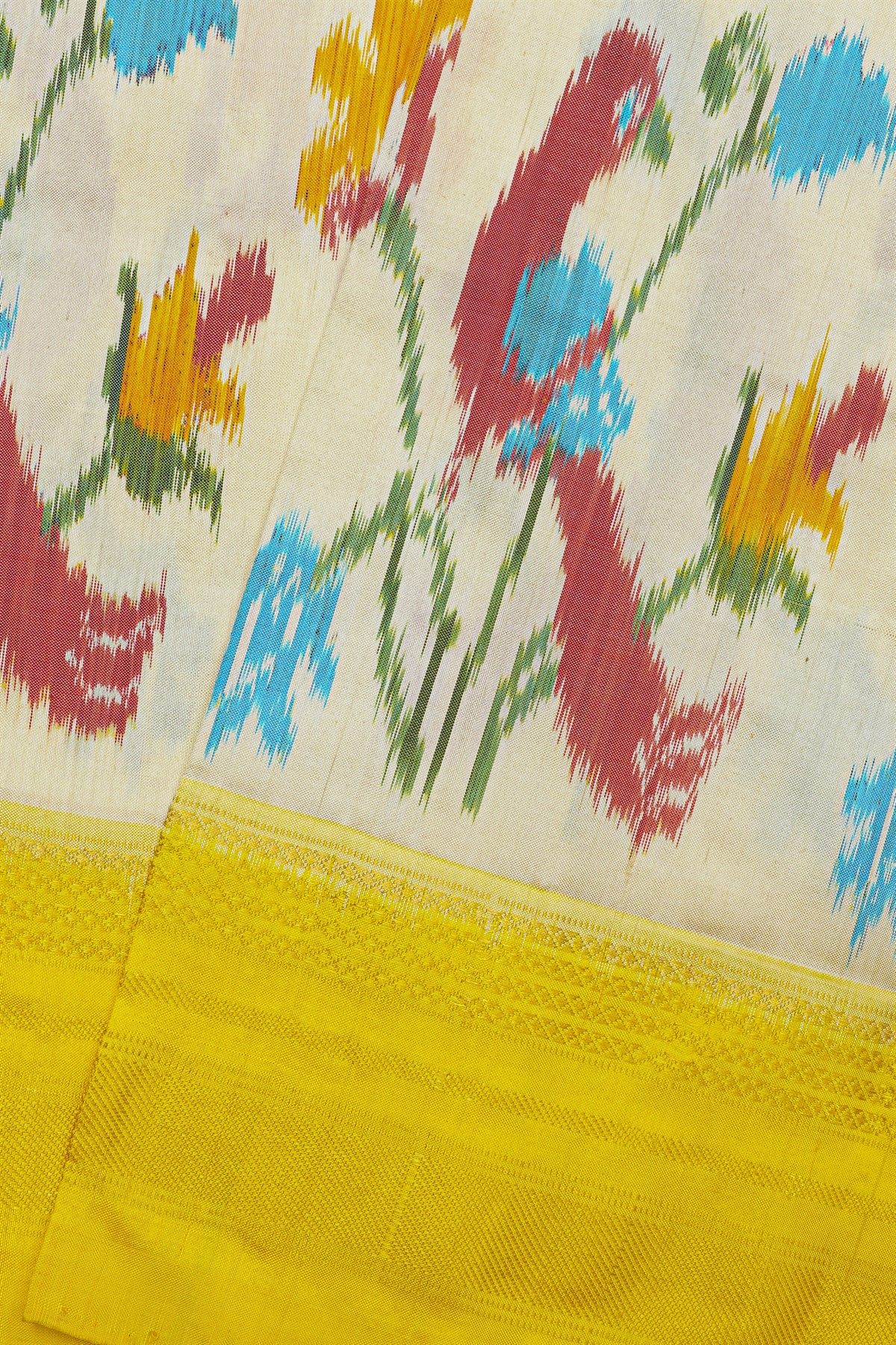 Ikat Silk Off White Saree With Florals And Peacocks Body