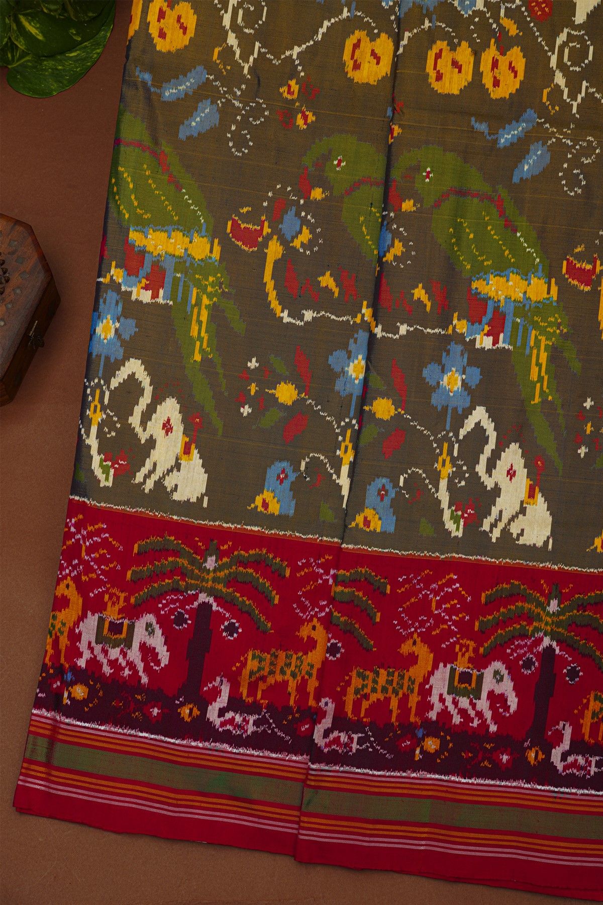 Ikat Silk Dual Colour Saree With Florals Parrots And Elephants Body