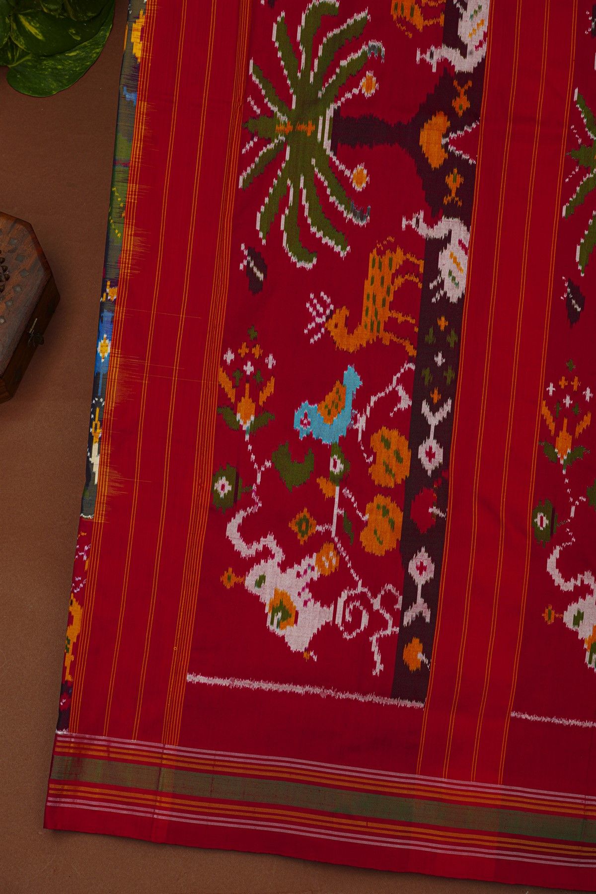 Ikat Silk Dual Colour Saree With Florals Parrots And Elephants Body