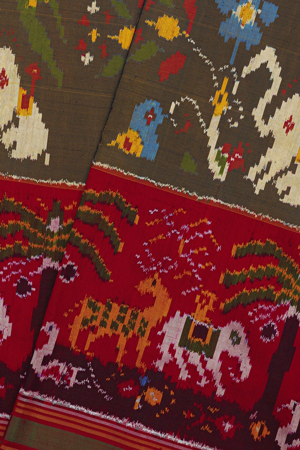Ikat Silk Dual Colour Saree With Florals Parrots And Elephants Body