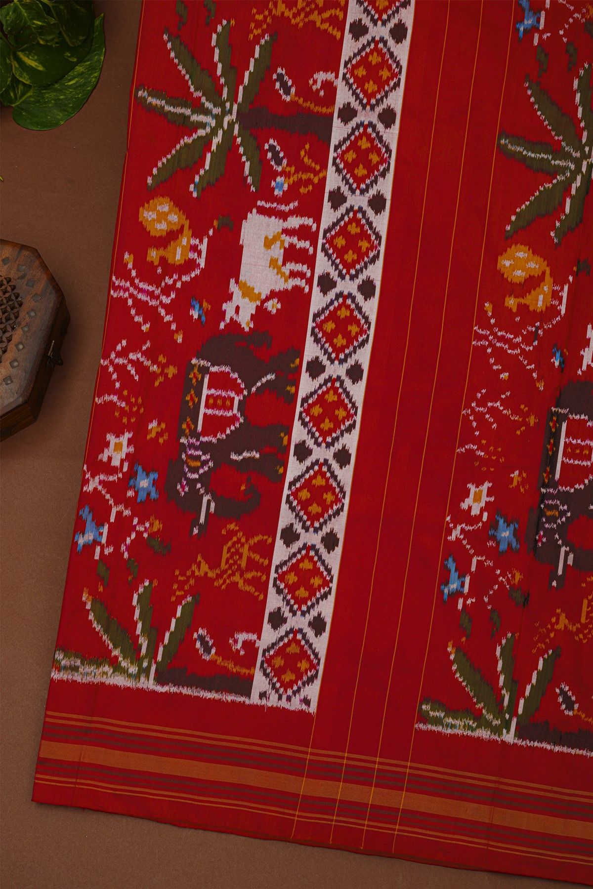 Ikat Silk Multi Colour Saree With Floral Motifs And Red Striped Border