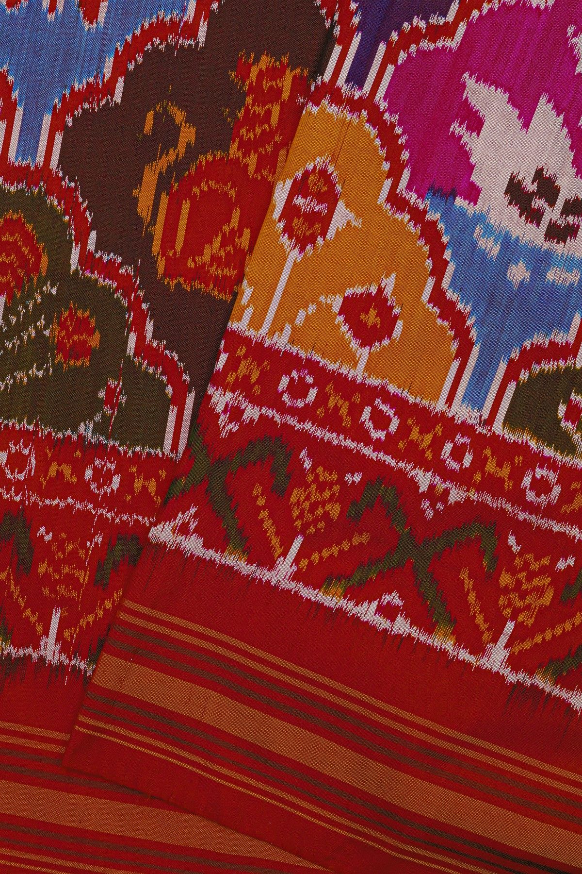 Ikat Silk Multi Colour Saree With Floral Motifs And Red Striped Border