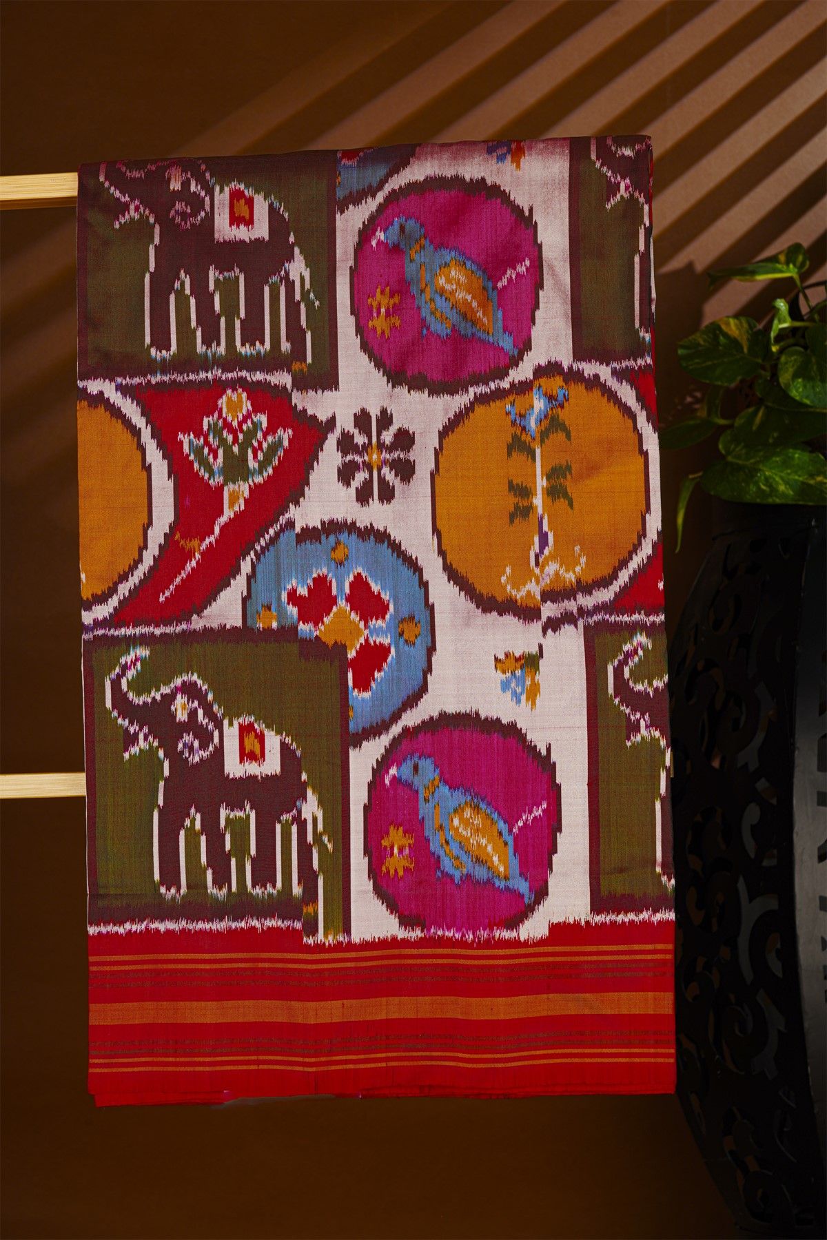 Ikat Silk Multi-Colour Saree With Florals And Animals In Ikat Design Body