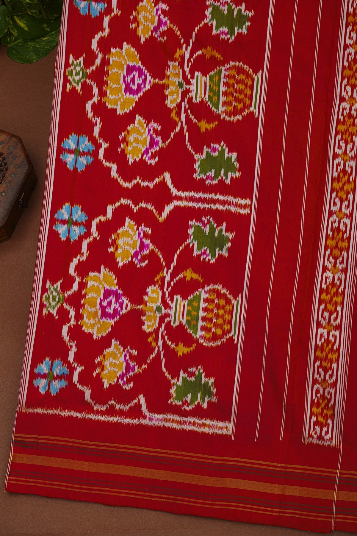 Ikat Silk Multi-Colour Saree With Florals And Animals In Ikat Design Body