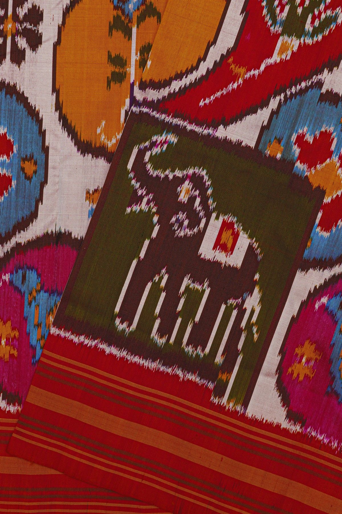 Ikat Silk Multi-Colour Saree With Florals And Animals In Ikat Design Body