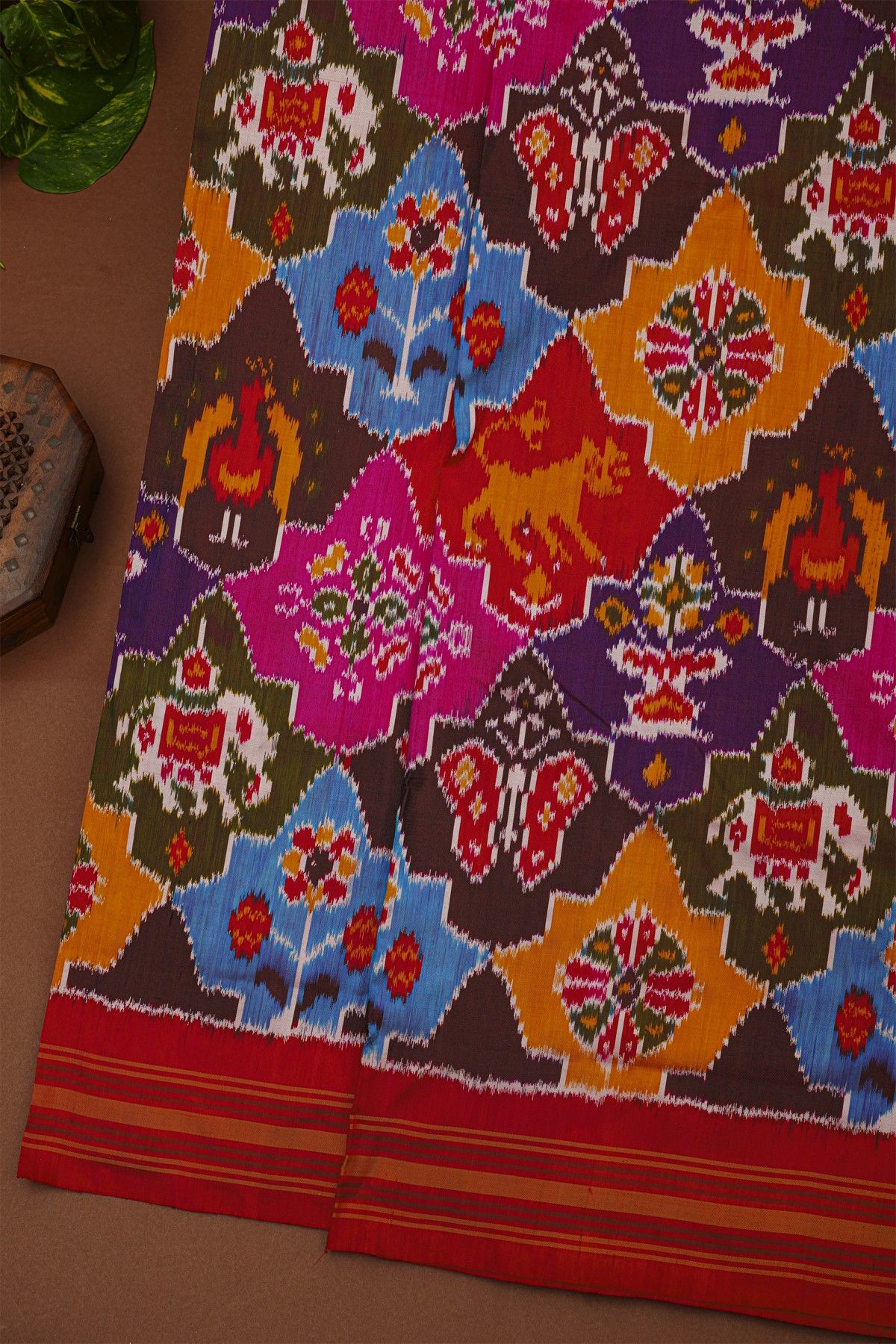Ikat Silk Multi Colour Saree With Floral Motifs And Red Striped Border