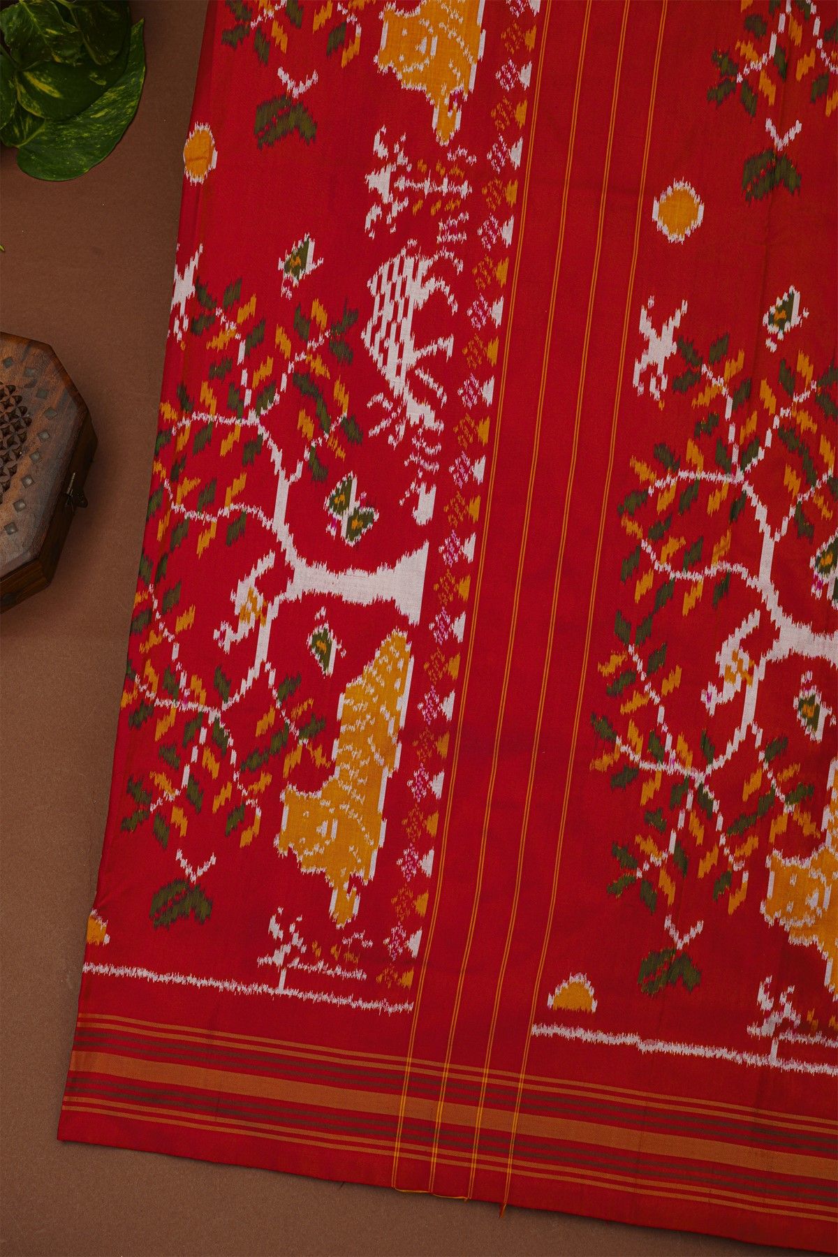 Ikat Silk Multi Colour Saree With Floral Motifs And Red Striped Border