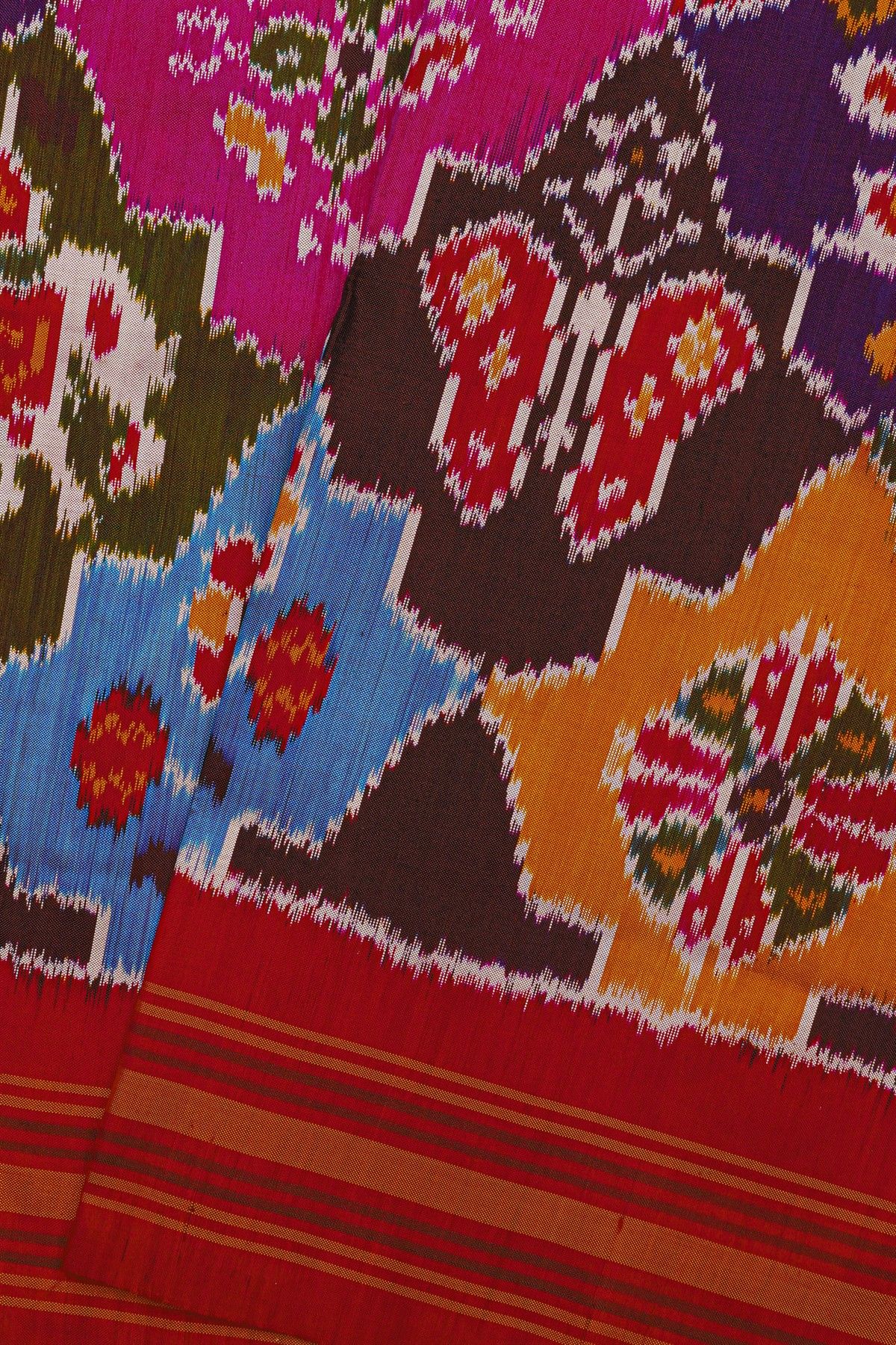 Ikat Silk Multi Colour Saree With Floral Motifs And Red Striped Border