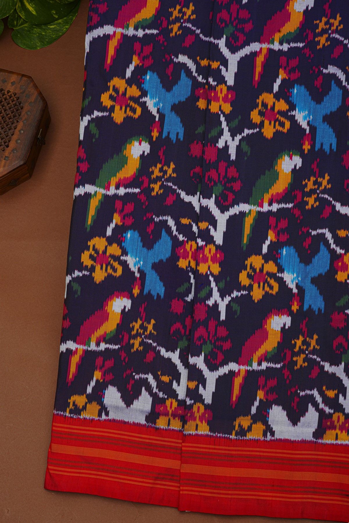 Ikat Silk Navy Blue Saree With Florals And Birds Body