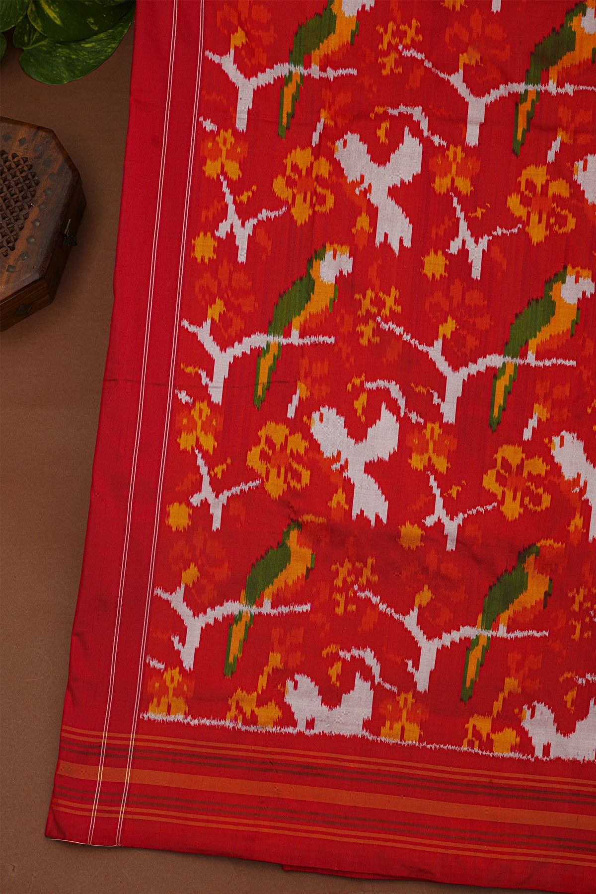 Ikat Silk Navy Blue Saree With Florals And Birds Body