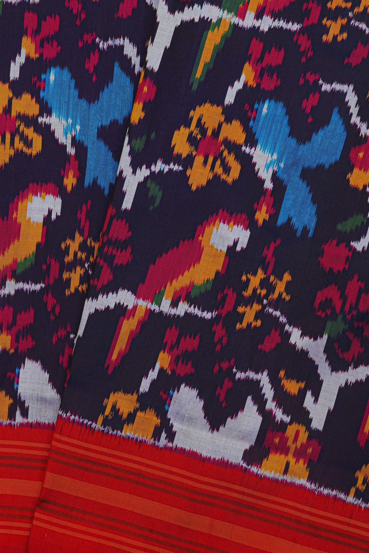 Ikat Silk Navy Blue Saree With Florals And Birds Body