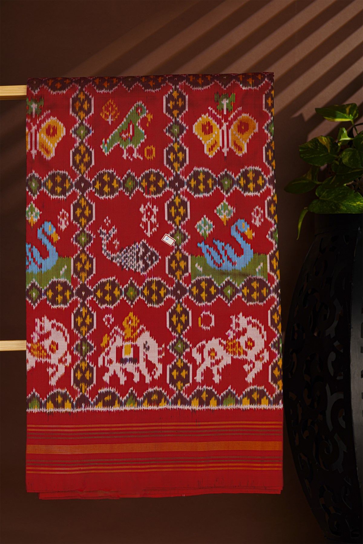 Ikat Silk Red Saree With Florals Swans And Elephants Body