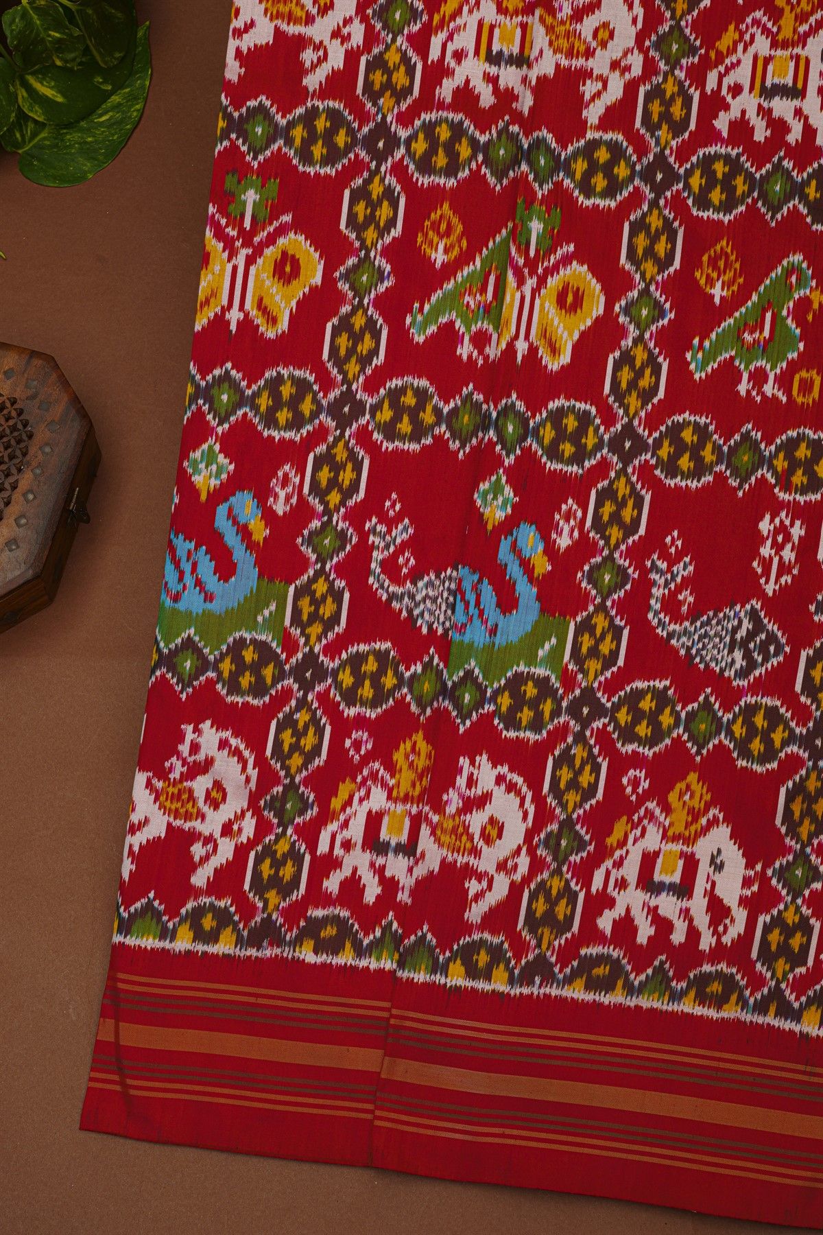 Ikat Silk Red Saree With Florals Swans And Elephants Body