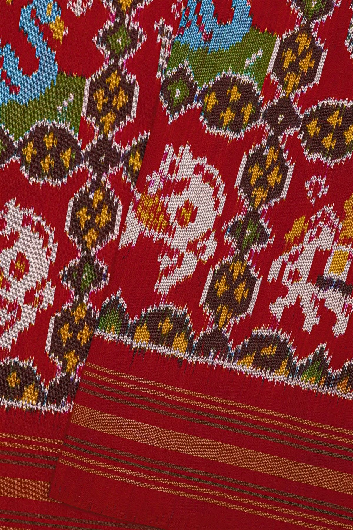 Ikat Silk Red Saree With Florals Swans And Elephants Body