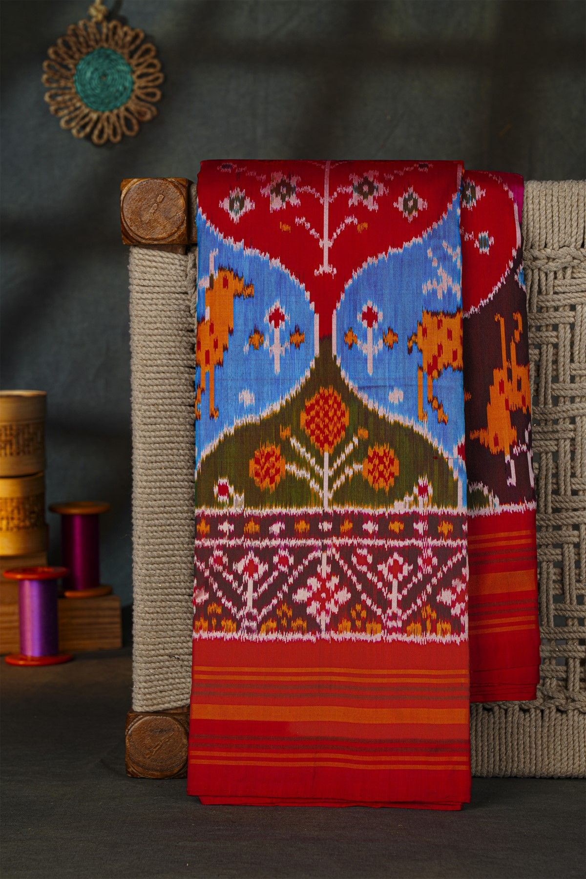 Pochampally Ikat Silk Multi-Colour Saree With Floral And Animal Body