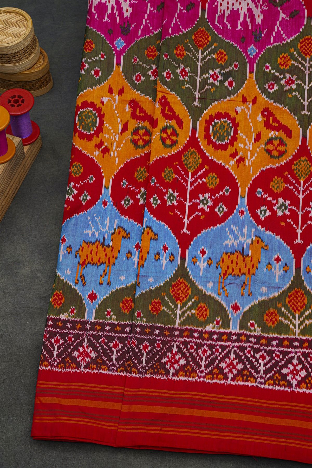 Pochampally Ikat Silk Multi-Colour Saree With Floral And Animal Body