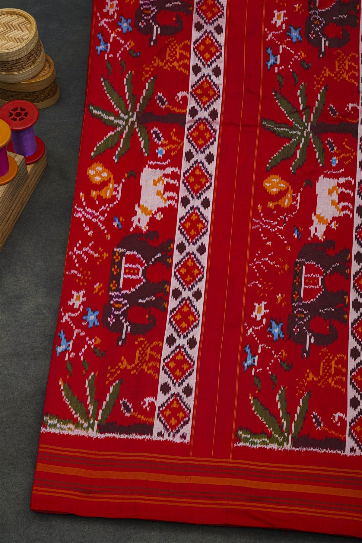 Pochampally Ikat Silk Multi-Colour Saree With Floral And Animal Body