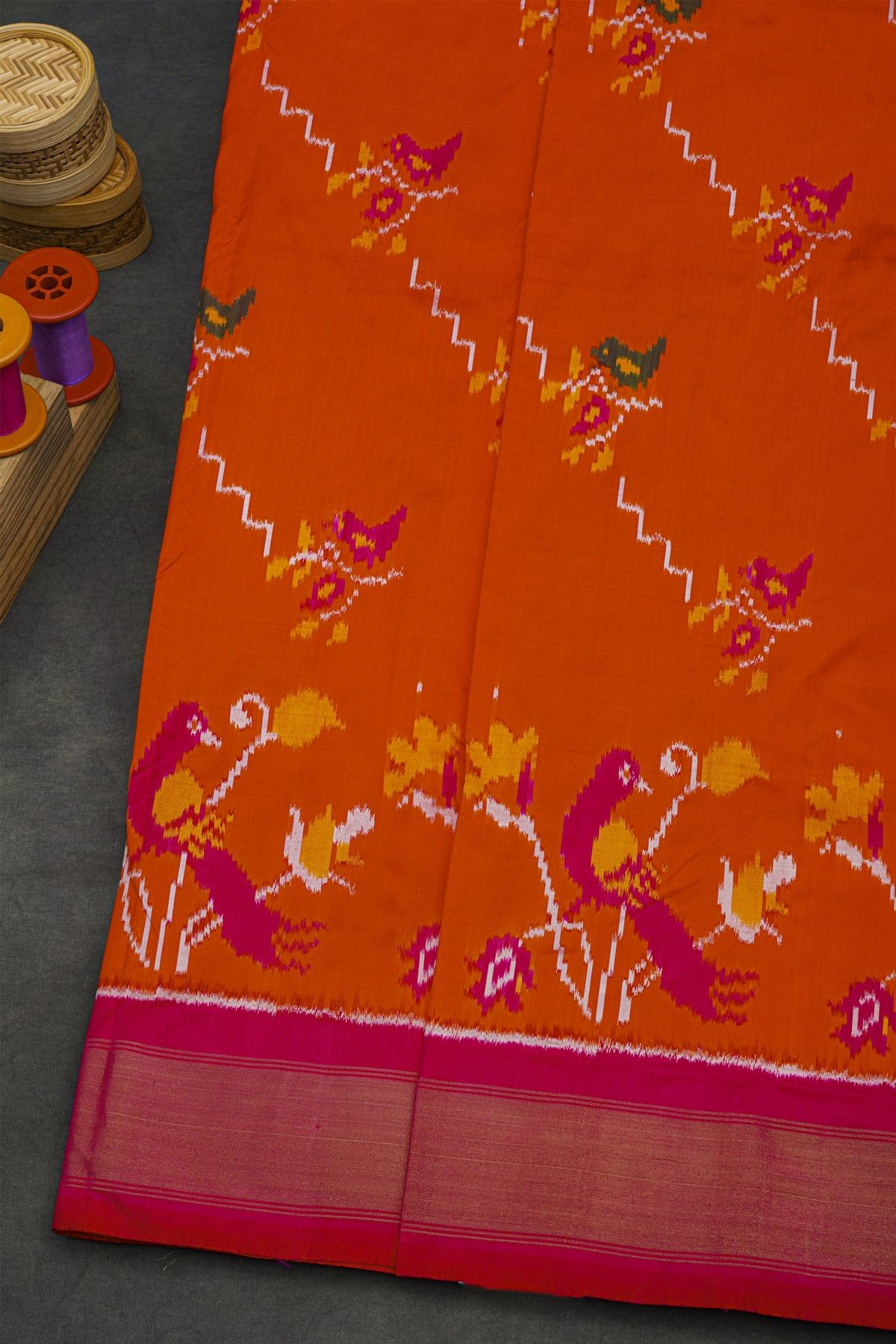 Pochampally Ikat Silk Orange Saree With Floral And Bird Motifs Body