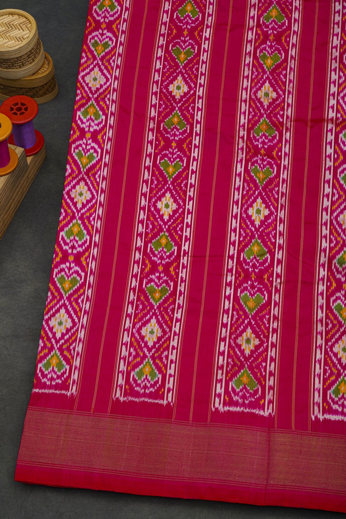 Pochampally Ikat Silk Orange Saree With Floral And Bird Motifs Body