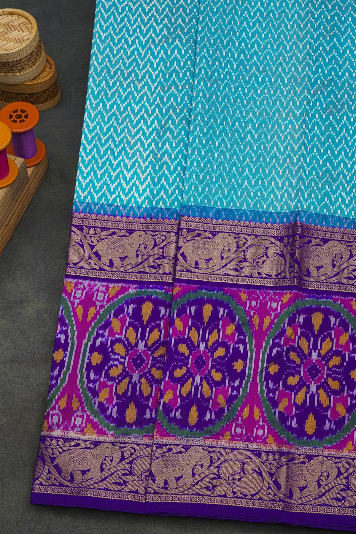 Pochampally Ikat Silk Sky Blue Saree With Peacock And Floral Border