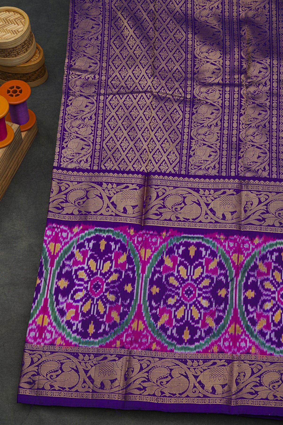 Pochampally Ikat Silk Sky Blue Saree With Peacock And Floral Border