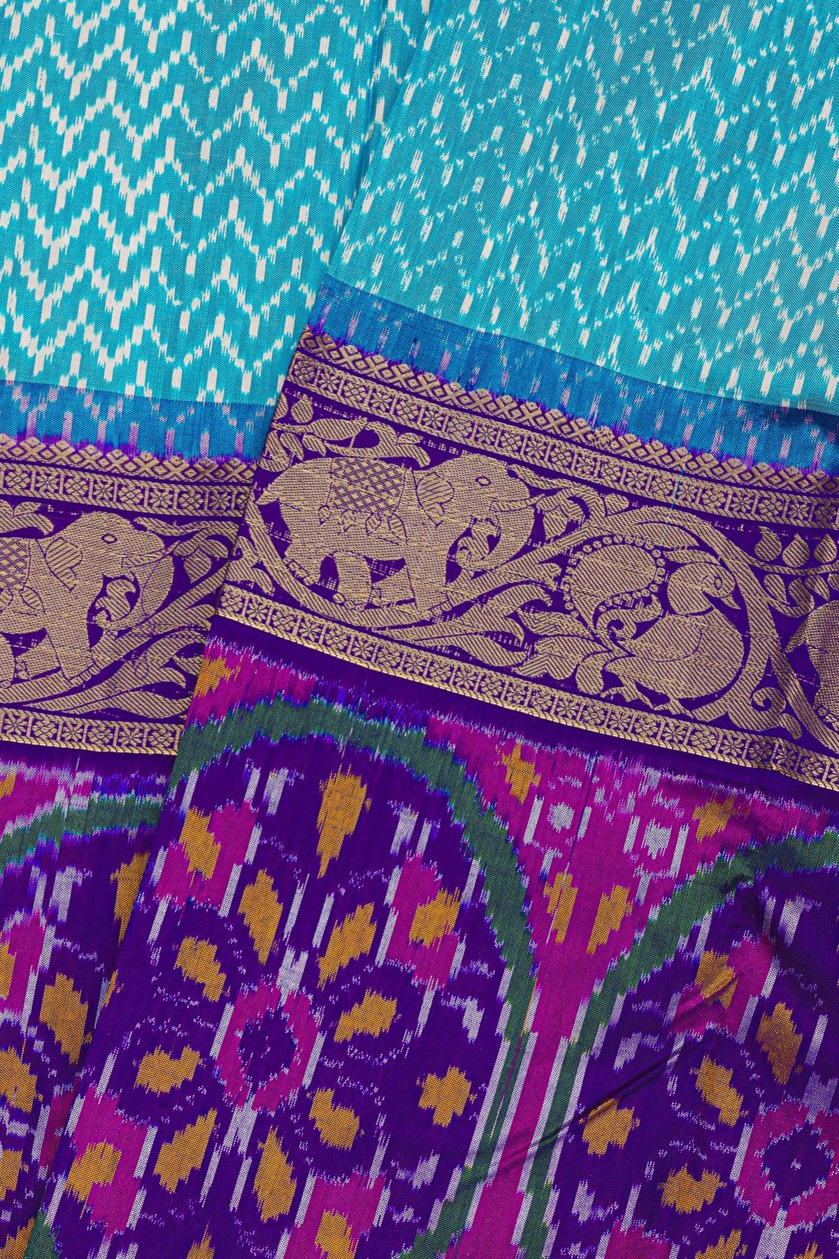 Pochampally Ikat Silk Sky Blue Saree With Peacock And Floral Border