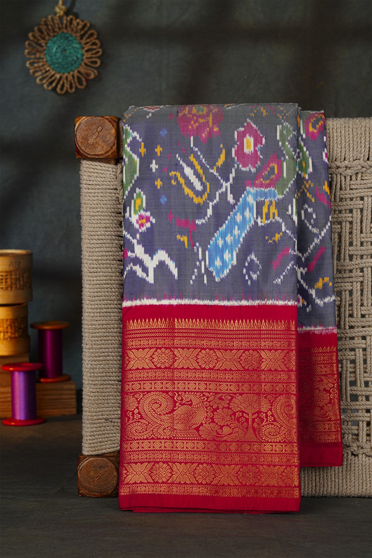 Pochampally Ikat Silk Purple Saree With Floral And Peacock Border