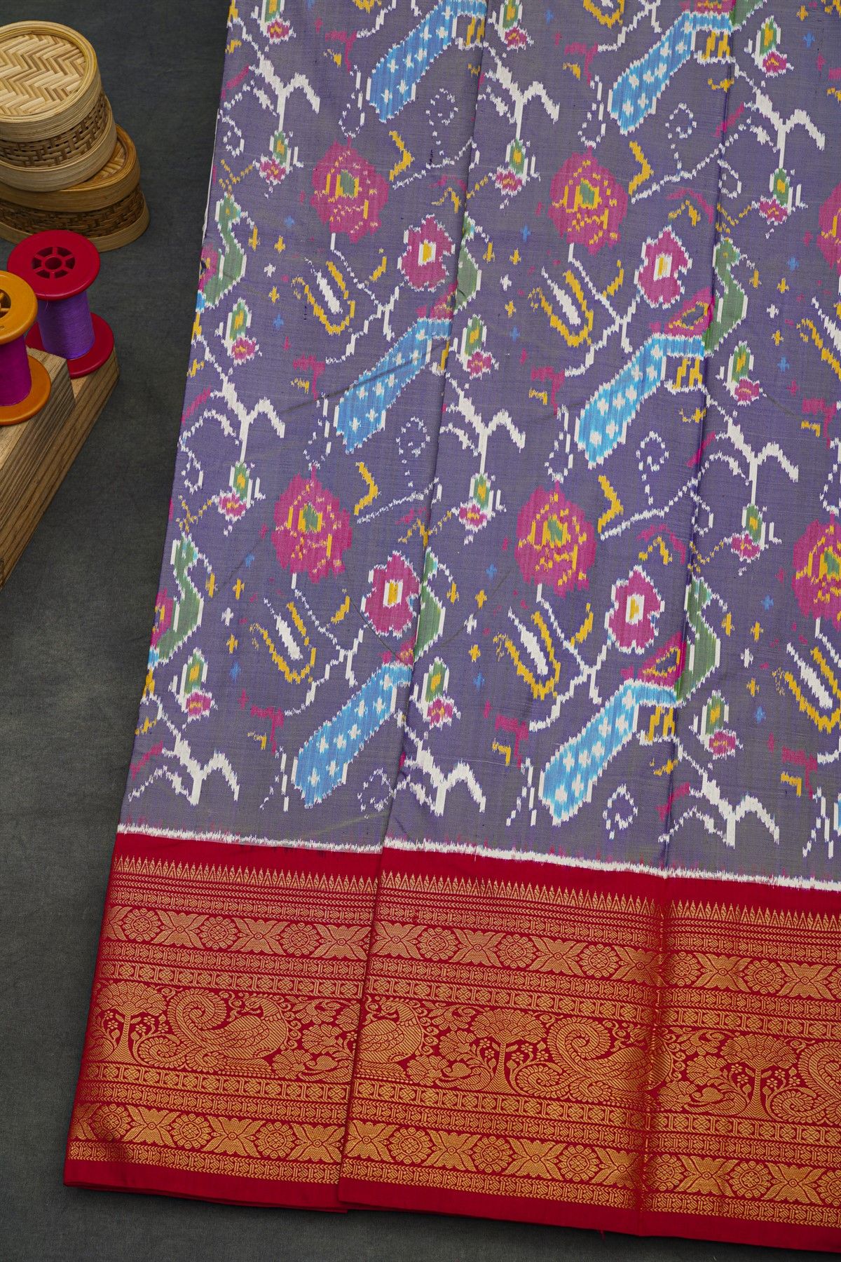 Pochampally Ikat Silk Purple Saree With Floral And Peacock Border