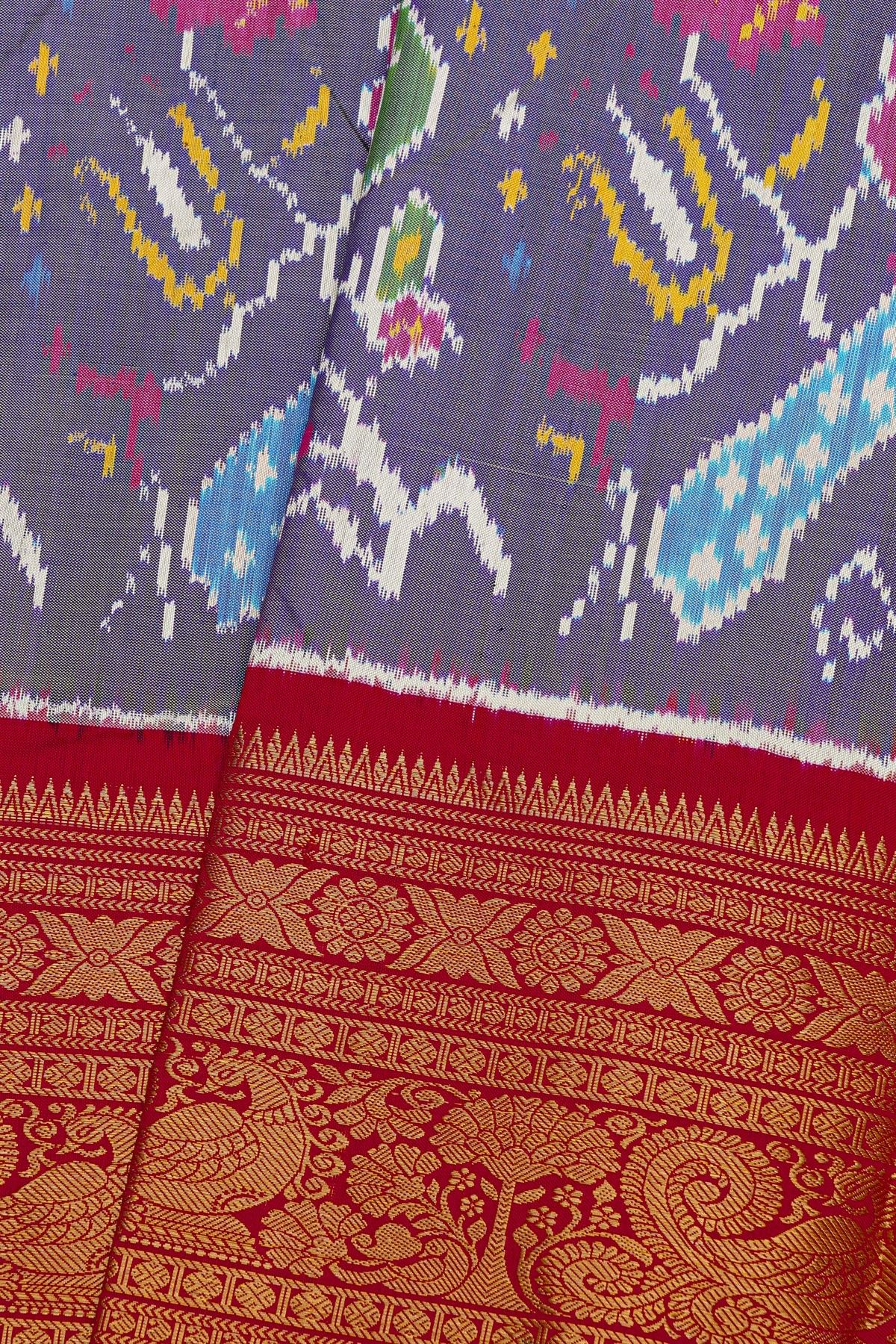 Pochampally Ikat Silk Purple Saree With Floral And Peacock Border