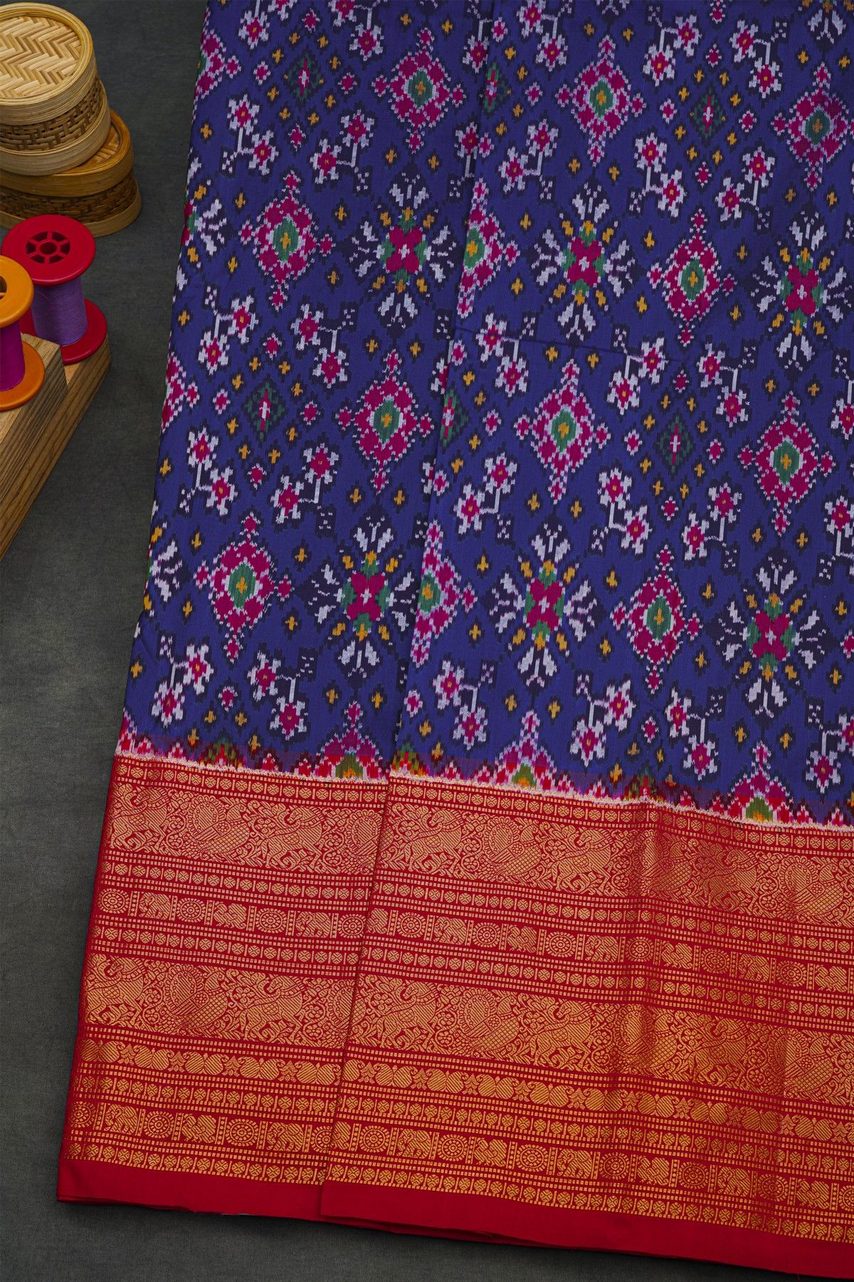 Pochampally Ikat Silk Royal Blue Saree With Floral And Peacock Border