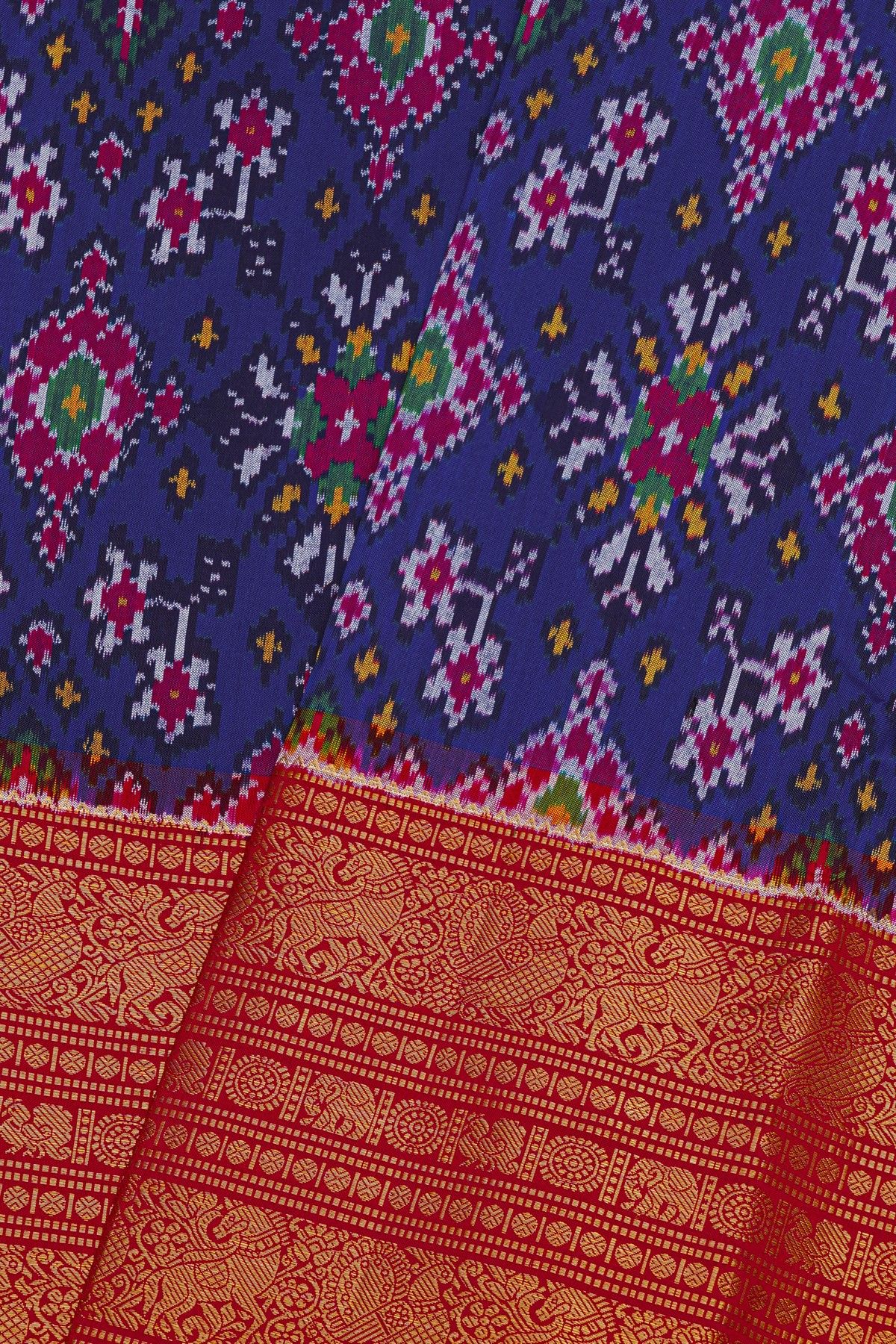 Pochampally Ikat Silk Royal Blue Saree With Floral And Peacock Border